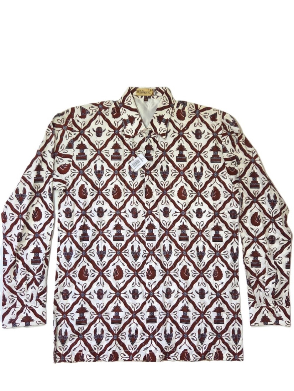 Margaria Batik Mens M Indonesian Button Down Shirt Brown Boho Art Print NWT